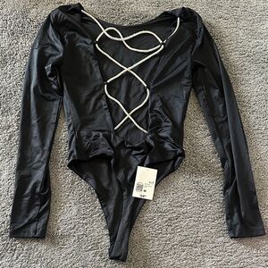 Black Long Sleeve Bodysuit with rhinestone Detail across back